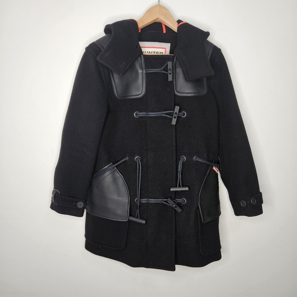 Hunter Wool Belted Duffle Coat Women's Sz S Black Hooded - Picture 3 of 16